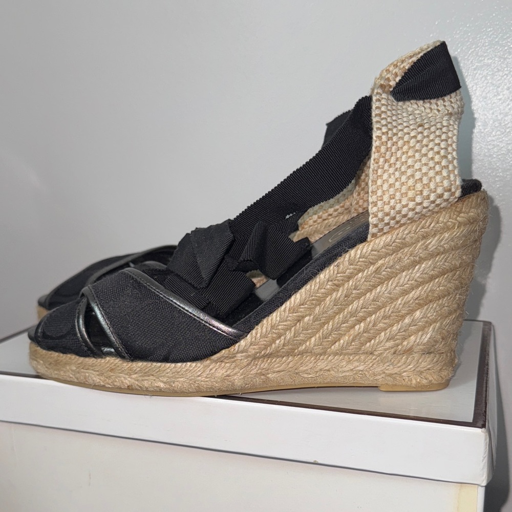 Coach Black and Tan Espadrille Wedges